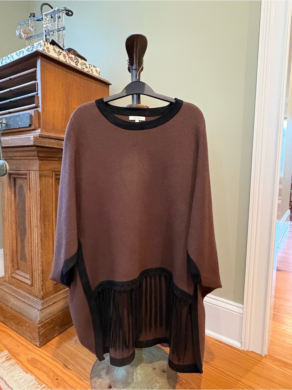 Tyler Boe Brown Poncho Sweater with Black Fringe Trim
